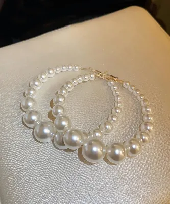 Classy White Pearl Big Hoop Earring